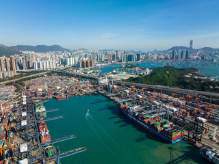 Top view of cargo terminal port in Hong Kong city - obrazy, fototapety, plakaty