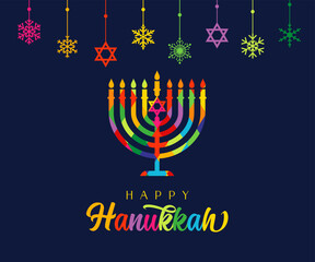 Happy Hanukkah, colored stained menorah, David stars and snow. Jewish holiday Hanukka, greeting card with traditional Chanukah colorful symbol candles. Vector illustration