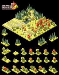 Vector isometric world map creation set. Combinable map elements. Forest, fields and ponds - obrazy, fototapety, plakaty