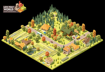 Vector isometric world map creation set. Combinable map elements. Countryside or village map. Buildings, trees, ponds, forest and fields - 543239482