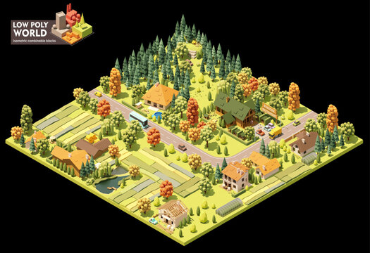 Vector isometric world map creation set. Combinable map elements. Countryside or village map. Buildings, trees, ponds, forest and fields