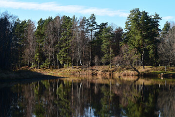 river bend with blue sky and colorful fallen leaves in autumn