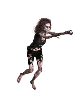 Zombie woman chasing and reaching out to grab someone. 3d illustration isolated on transparent background.