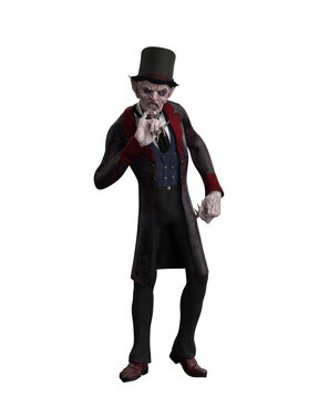 Vampire wearing old fashioned suit and top hat. 3d illustration isolated on transparent background.