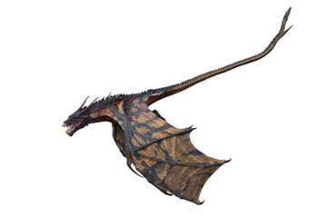 Wyvern or Dragon fantasy creature seen from the side flying down with mouth open. 3D illustration isolated on white.