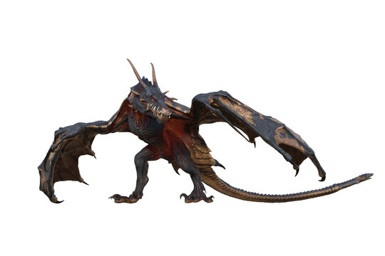 Wyvern or Dragon fantasy creature walking in menacing pose. 3D illustration isolated on white.