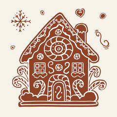 Gingerbread house for Christmas. Cute handmade honey gingerbread with patterns and sweets.