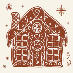 Gingerbread house for Christmas. Cute handmade honey gingerbread with patterns and sweets.