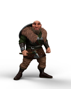 3D illustration of a fantasy warrior dwarf character with axe in his hand and shield on his back isolated on a transparent background.