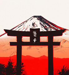 Japanese Mount Fuji with Torii gates. Decorative banner. Japan Landmarks with Decoration Background