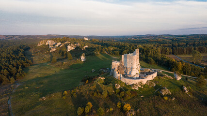 Royal castle of Bobolice and Mirow castle are two very nice place to holiday trip in Poland. Slaskie Wojewodztwo have very nice landscape and nature for photography. Autumn sunsets are best. Aerial.