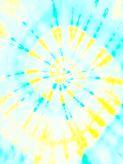 Spiral tie dye pattern. Colorful yellow and blue cyan tiedye wallpaper backdrop.  - 543241604