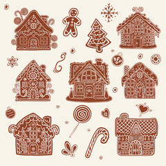 Set of gingerbread houses. Cute handmade honey gingerbreads with patterns.