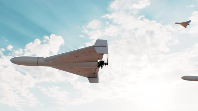Many Military Drones Kamikaze HESA Shahed 136 Flight in the Sky Close-up 3d Animation. Battle UAV Geranium Flying on Cloudscape Background. Modern Military Copter Technology Concept. 4k UHD 3840x2160.