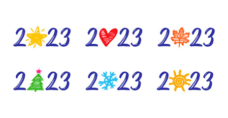 2023 numbers season collection. 20 23 digits with creative brush design for New Year, Christmas, Valentine day, Hello winter, summer or autumn fashion template. Vector illustration