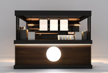 Kiosk stand booth market cart for sell product food drink wood decoration stainless steel construction with blank space logo company. High resolution image white background isolated. 3D Rendering.