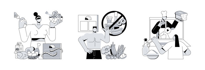 Food and nutrition tips abstract concept vector illustration set. Keep a healthy diet, weight loss, online cooking tutorial, meal plan, drink water, home chef, food blogger recipe abstract metaphor.