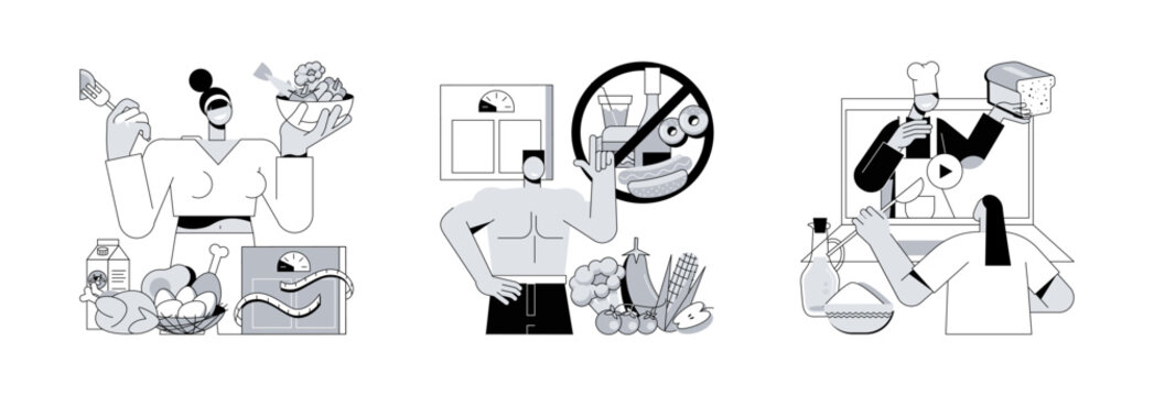 Food and nutrition tips abstract concept vector illustration set. Keep a healthy diet, weight loss, online cooking tutorial, meal plan, drink water, home chef, food blogger recipe abstract metaphor.