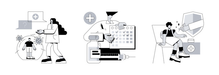 Public health program abstract concept vector illustration set. Immunization education and schedule, vaccination of teens, children vaccination calendar, infectious disease abstract metaphor.