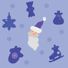 New Year's set with Santa Claus and New Year's attributes. For postcards and wrapping paper. Vector.
