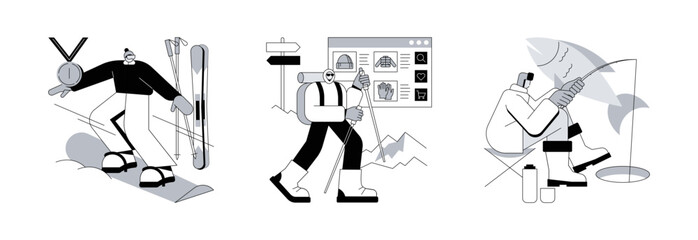 Mountain vacation abstract concept vector illustration set. Winter extreme sports, winter hiking, ice fishing, ski and snowboard equipment, travel and hobby, outdoor activity abstract metaphor.