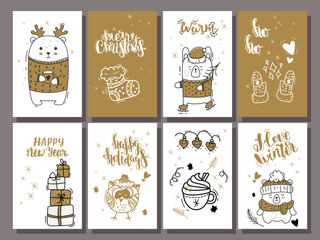 Hand drawn winter holidays cards. Merry Christmas card with snowflake floral decorations. Cristmas presents. Cute animals. Christmas 2023 greeting or invitation, inspirational quotes. Set of isolated 