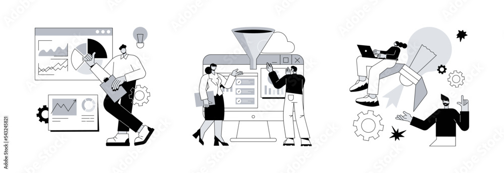 Poster performance tools and software solutions abstract concept vector illustration set. business intellig
