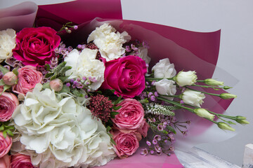 flower bouquet of roses hydrangeas gerberas in pink tones