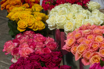 Many flowers in a vase in a flower shop on display
