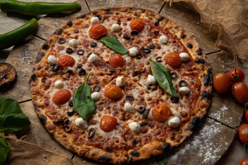 Traditional italian food. Delicious fresh pizza with cheese, tomatoes and onion on wooden background with ingredients, flat lay.