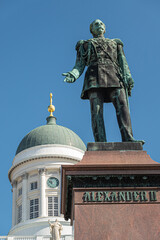 Helsinki, Finland - July 19, 2022: Closeup of Statue of Tsar Alexander II of Russia on Senate...