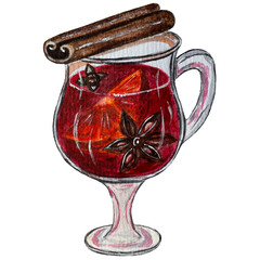 Watercolor clipart. Mulled wine in a glass with cinnamon, orange and anise
