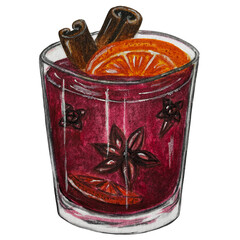 Watercolor clipart. Mulled wine with cinnamon, orange and anise