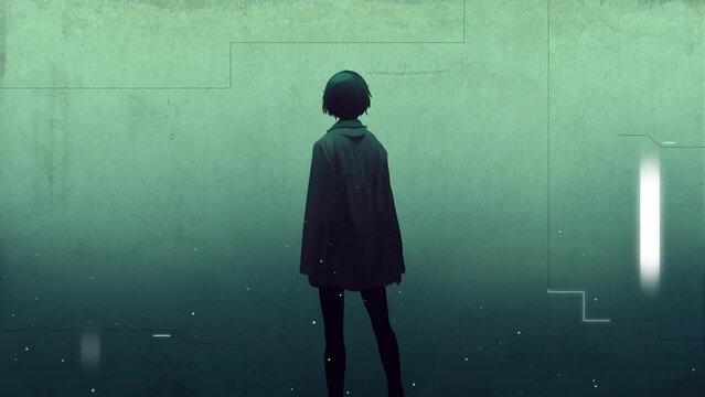 lone girl looking at the wall. concept art. anime