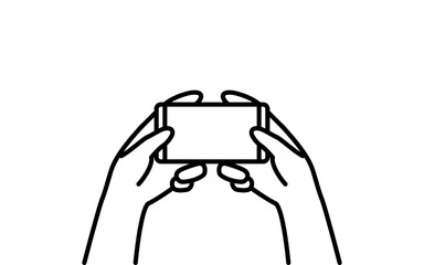 スマートフォンの操作、両手でスマホを持つシンプルな線画