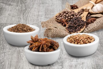 Food ingredient. Set of different seasoning in bowls.
