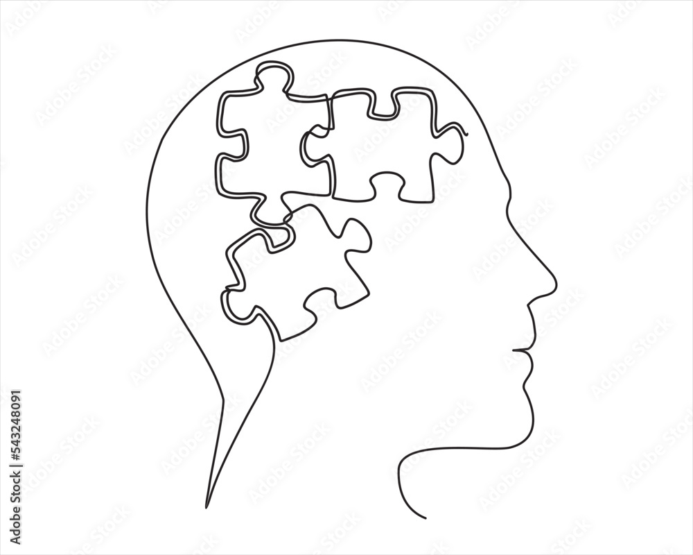 Aufkleber head of a man with puzzle inside, drawn in one line on a white background. one-line drawing. continu
