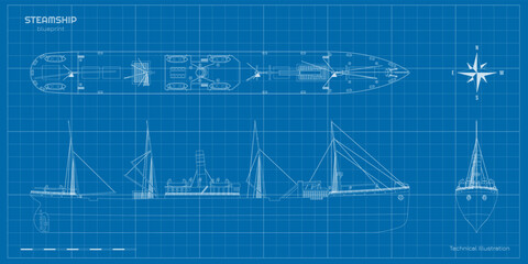Outline steamer drawing. Contour steamship industrial blueprint. Old ship view: top, side and front. Steamboat document. Industry vehicle