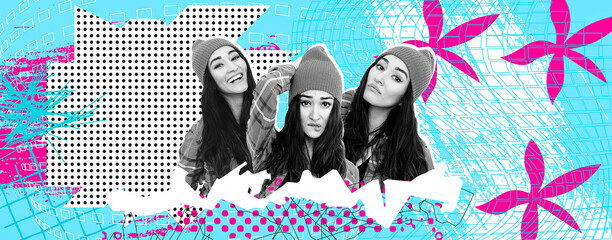 Stylish minimal contemporary collage banner. Fashion brunette girl. Emotions, style concept