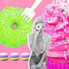 Contemporary digital collage art. Fashion retro Lady and donuts. Diet, sweet, calorie, food...