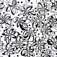 Floral black and white pattern on a white background, abstract design, seamless background.
