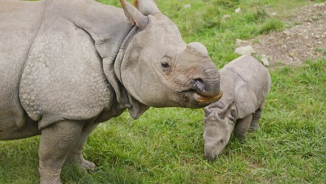 parent and a cute, young infant rhino rhinoceros feeding on grass in public park zoo enclosure