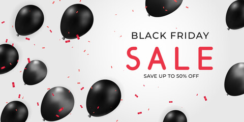 3d vector white background for Black Friday Sale with realistic banner  glossy black render balloon template and red confetti design