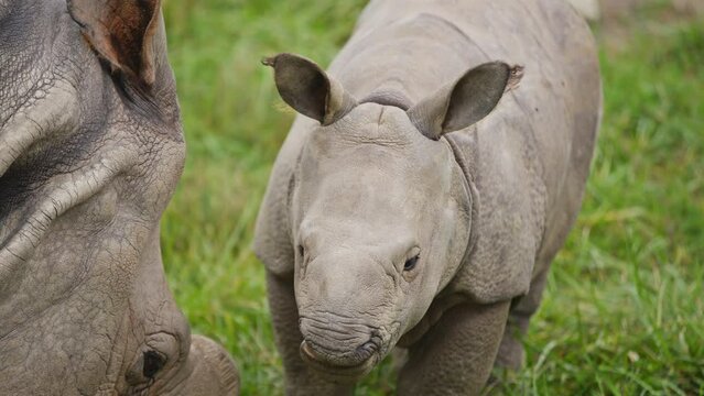 parent and a cute, young infant rhino rhinoceros feeding on grass in public park zoo enclosure
