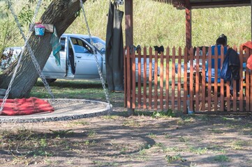 Round hammock for relaxing on chains near car and gazebo
