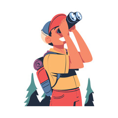 Man Character with Backpack Studying Nature Exploring Something in Binoculars Vector Illustration