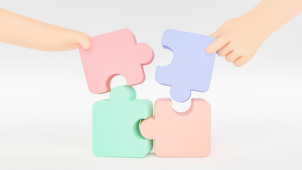 Hand holding jigsaw puzzle to connect, Symbol of teamwork, Problem-solving, Cooperation, Partnership, Strategy jigsaw business concept, 3d rendering.