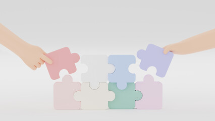 Hand holding jigsaw puzzle to connect, Symbol of teamwork, Problem-solving, Cooperation, Partnership, Strategy jigsaw business concept, 3d rendering.