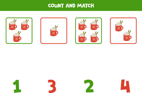 Counting Game For Kids. Count All Cacao Cups And Match With Numbers. Worksheet For Children.