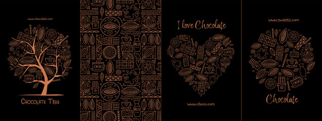 Chocolate, cacao and sweets - concept arts collection. Frame, pattern, tree, heart shape. Set for your design project - cards, banners, poster, web, print, social media, promotional materials. Vector